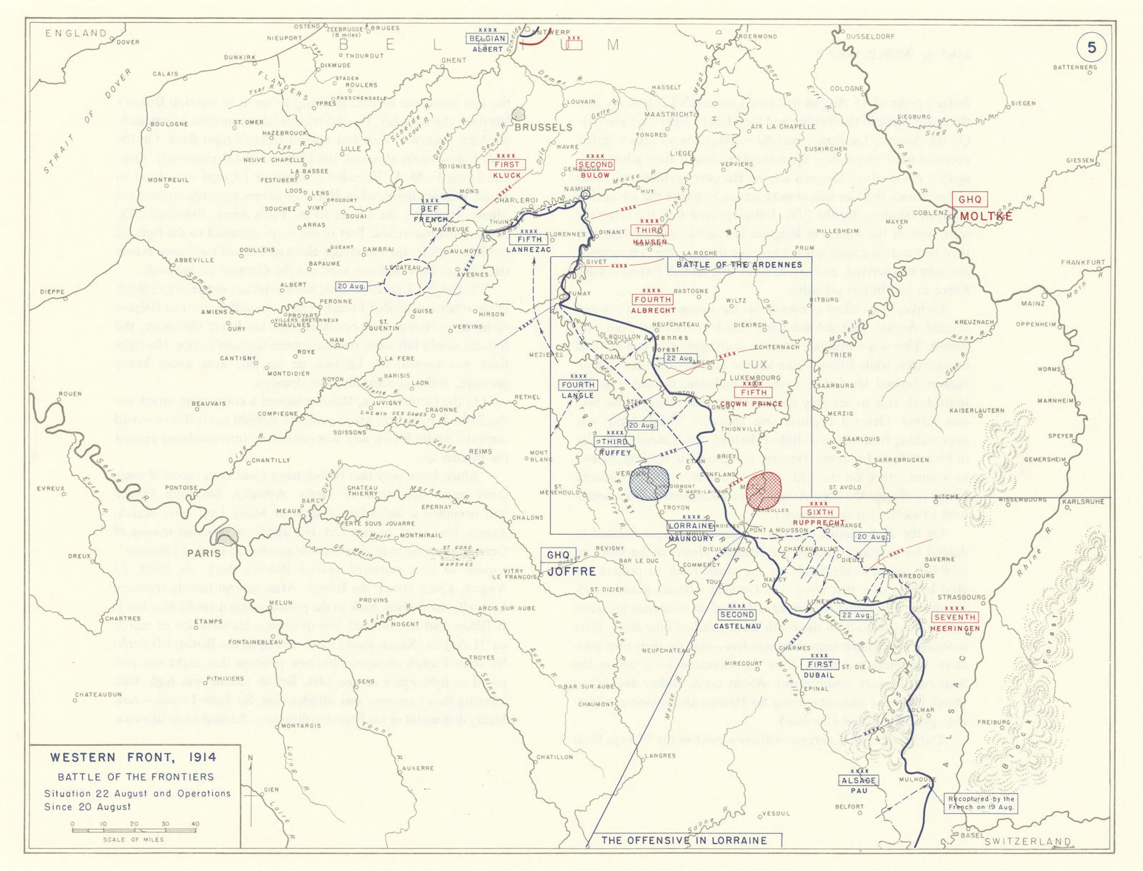 World War 1. Western Front. 20-22 August 1914 Battle of the Frontiers 1959 map